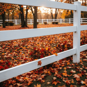 white fence and leaves